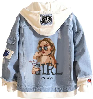 Unisex False Two Pieces Denim Jacket Fashion Denim Hoodies Coats Button Down Hoodie for Teen Adult