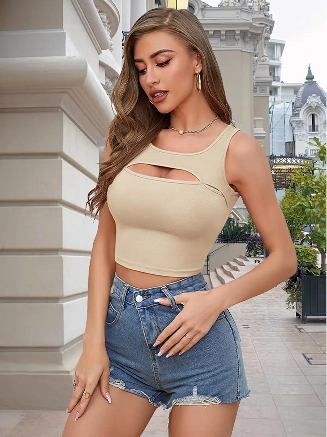 V FOR CITY Crop Tops for Women Front Cutout Cropped Tank Summer Sleeveless Cotton Cami Shirts