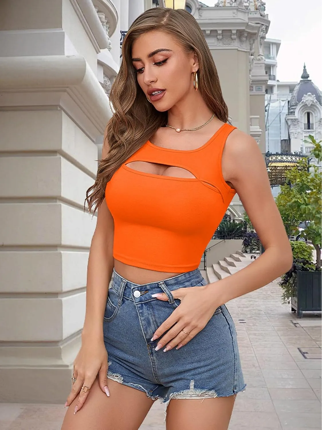 V FOR CITY Crop Tops for Women Front Cutout Cropped Tank Summer Sleeveless Cotton Cami Shirts