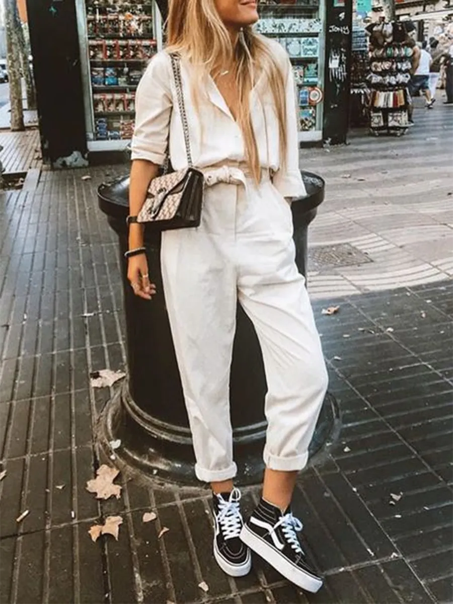 V-neck Casual Cotton and Linen Loose Two-piece Suit