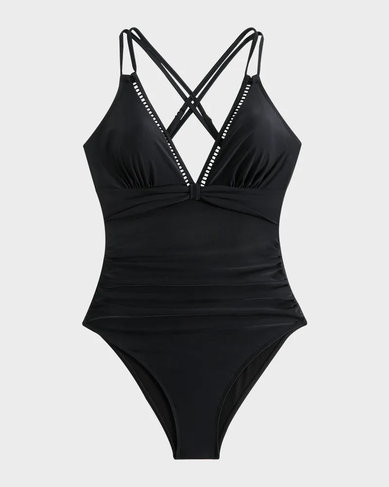 V-Neck Cutout Trim Knotted One-Piece Swimsuit