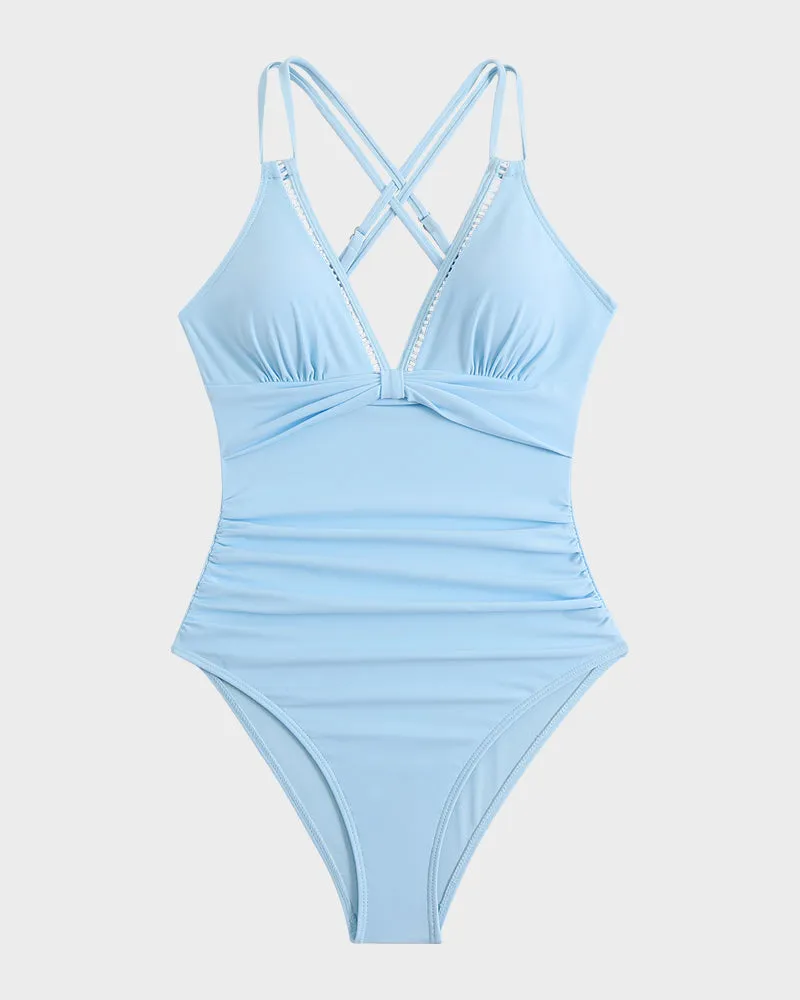 V-Neck Cutout Trim Knotted One-Piece Swimsuit