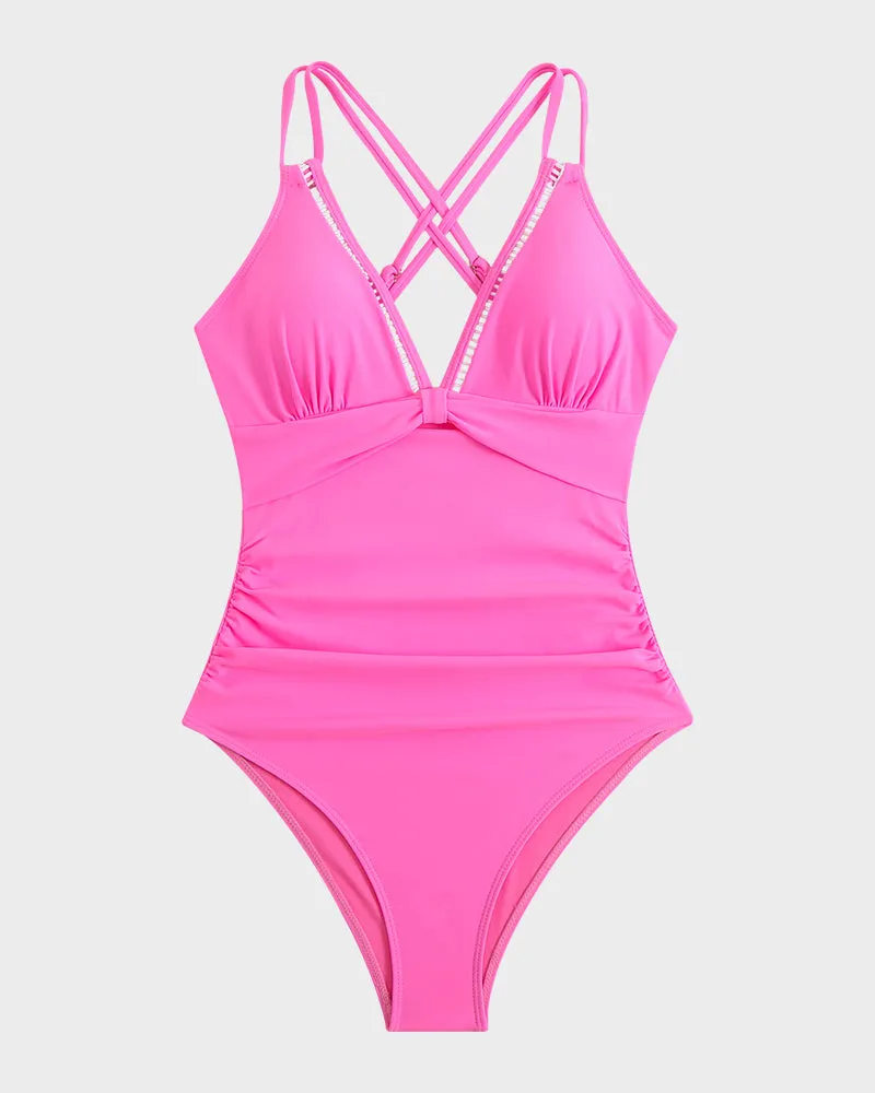 V-Neck Cutout Trim Knotted One-Piece Swimsuit
