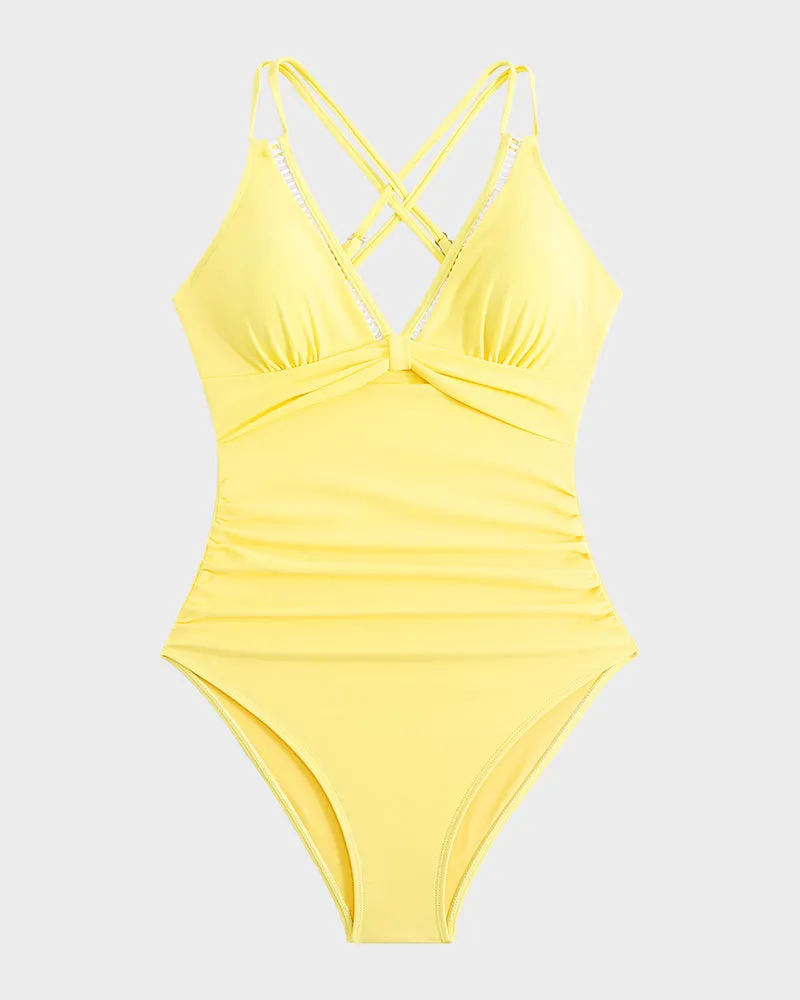 V-Neck Cutout Trim Knotted One-Piece Swimsuit