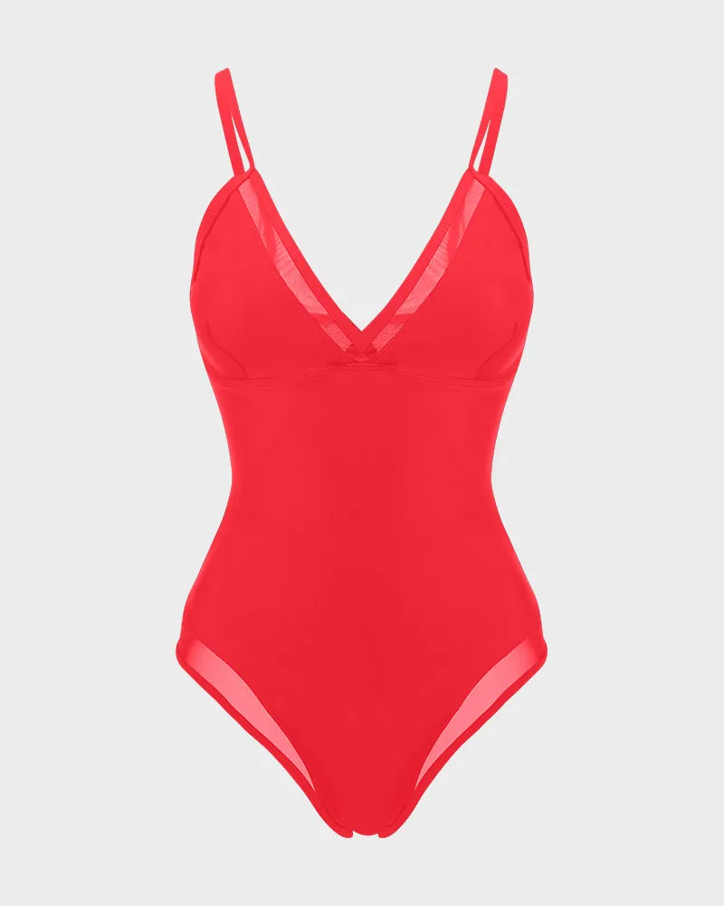 V-Neck Mesh Inset Lace-Up Shaping Swimsuit