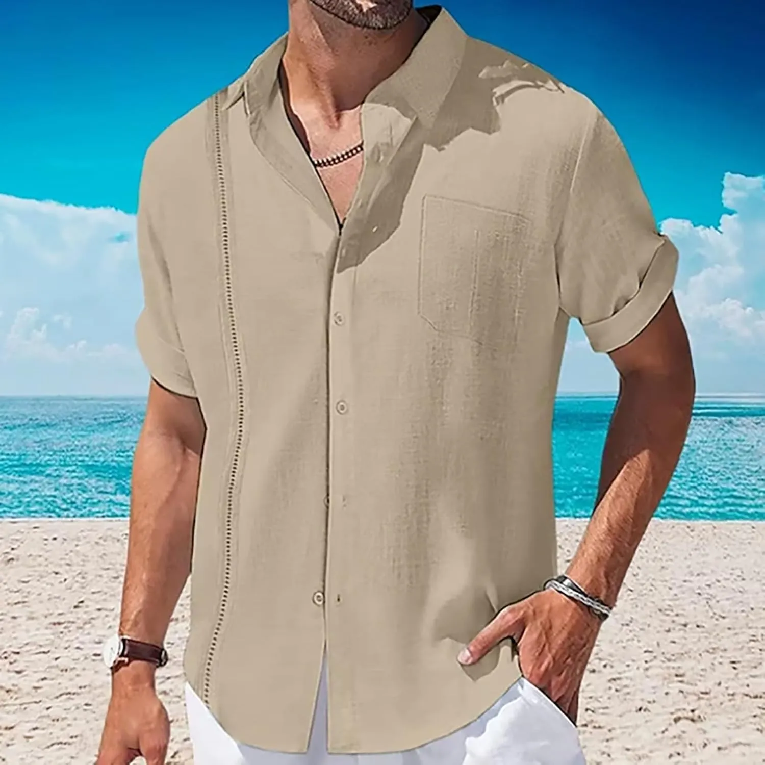 Vertical Striped Hawaiian Shirt for Men Cotton Linen Button Down Short Sleeve Tops Cuban Camp Guayabera Beach Shirts