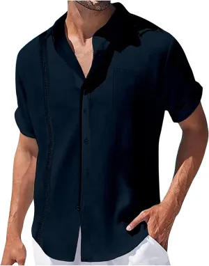 Vertical Striped Hawaiian Shirt for Men Cotton Linen Button Down Short Sleeve Tops Cuban Camp Guayabera Beach Shirts