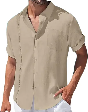 Vertical Striped Hawaiian Shirt for Men Cotton Linen Button Down Short Sleeve Tops Cuban Camp Guayabera Beach Shirts