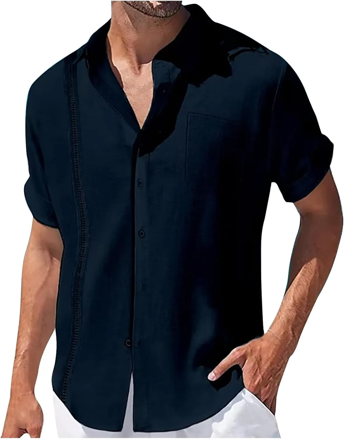 Vertical Striped Hawaiian Shirt for Men Cotton Linen Button Down Short Sleeve Tops Cuban Camp Guayabera Beach Shirts