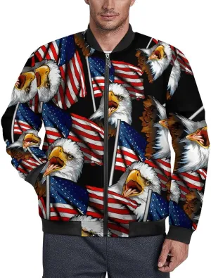 Vintage American Flag Bald Eagle Men's Bomber Jacket Lightweight Windbreaker Fashion Spring Fall Coats Casual Jackets for Men