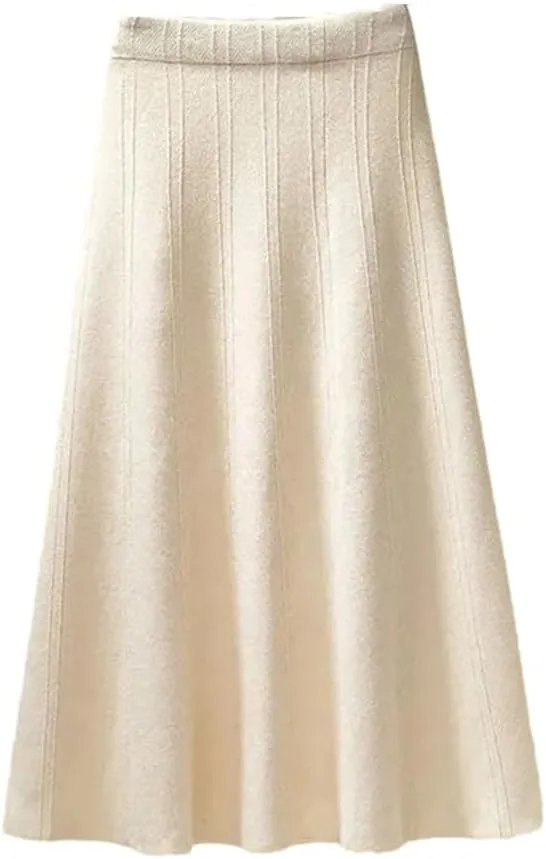 Vintage Knitted Long Skirt Women Casual Solid A Line Skirt Female High Waist Midi Skirt