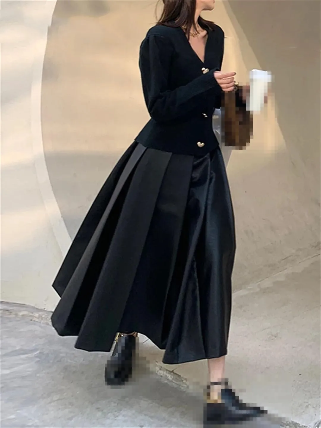 Vogrtcc Women Fashion Autumn High Waisted Pleated Soft Faux Leather Midi Skirt A Line Long Skirts