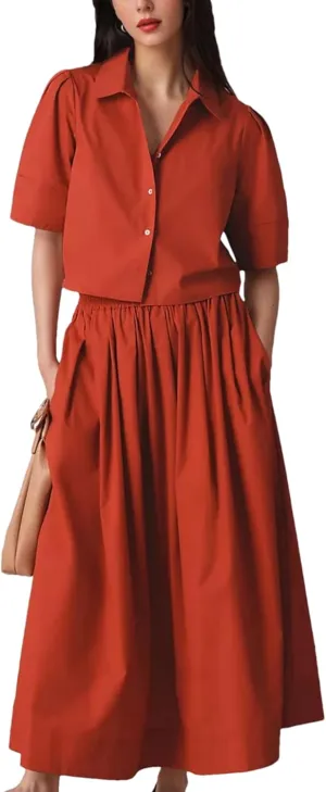 Wanzetaly Womens 2 Piece Outfits Summer Skirt Set Button Short Sleeve Tops and Maxi Skirt Dress Sets with Pockets