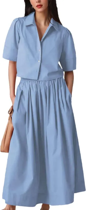 Wanzetaly Womens 2 Piece Outfits Summer Skirt Set Button Short Sleeve Tops and Maxi Skirt Dress Sets with Pockets