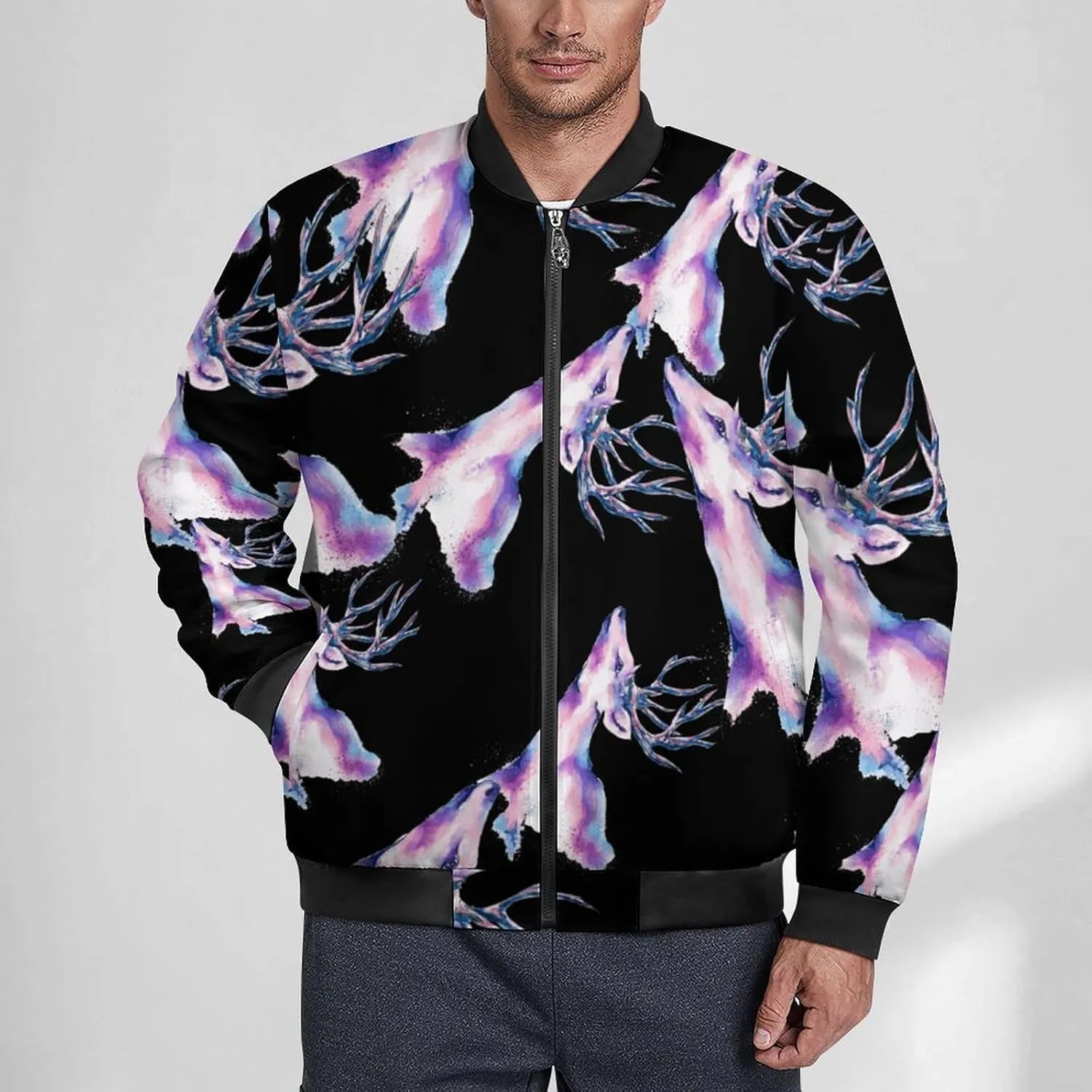 Watercolor Deer Men's Bomber Jacket Lightweight Windbreaker Fashion Spring Fall Coats Casual Jackets for Men