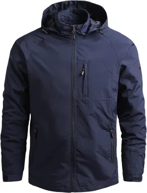 Waterproof Jackets for Men's Lightweight Full Zip Warm Windbreaker Jackets Detachable Hood Hiking Sweat Coats