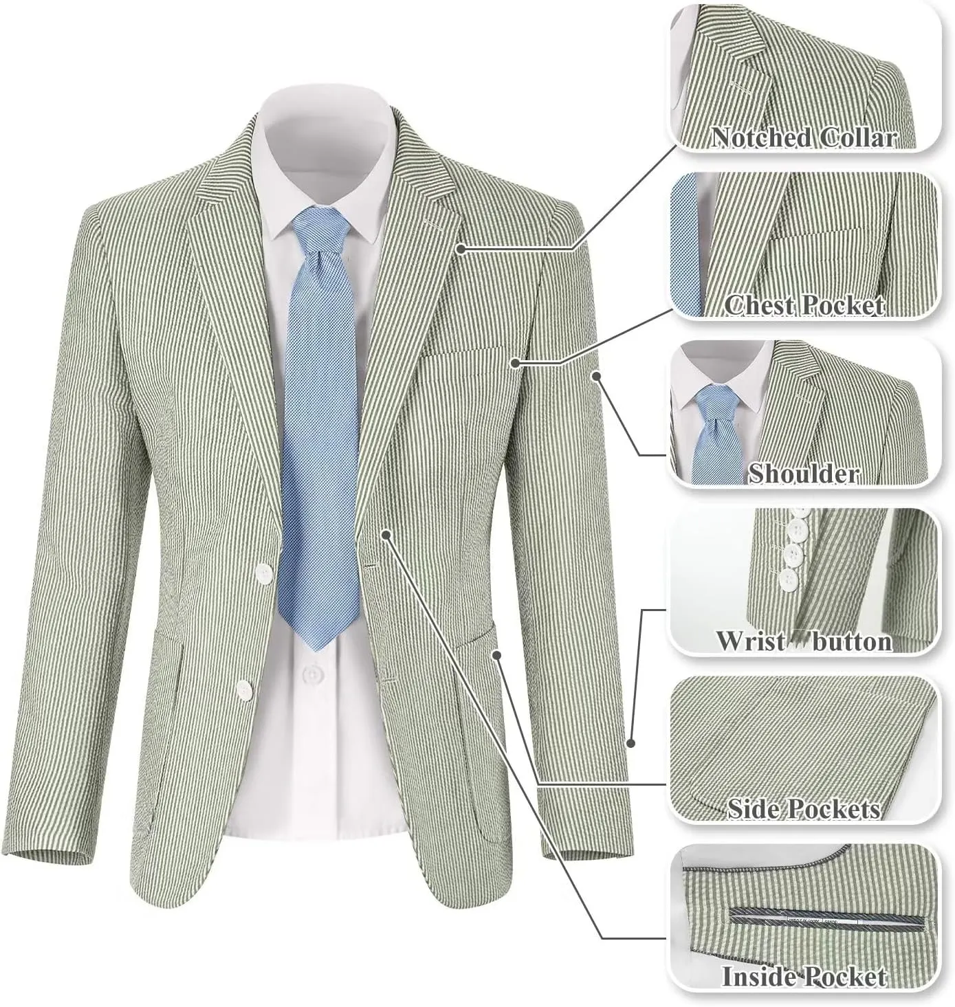 Wehilion Mens Seersucker Suit Jacket Casual Summer Blazer Slim Fit Sport Coats Suits Jackets Wedding Prom Tuxedo Blazers