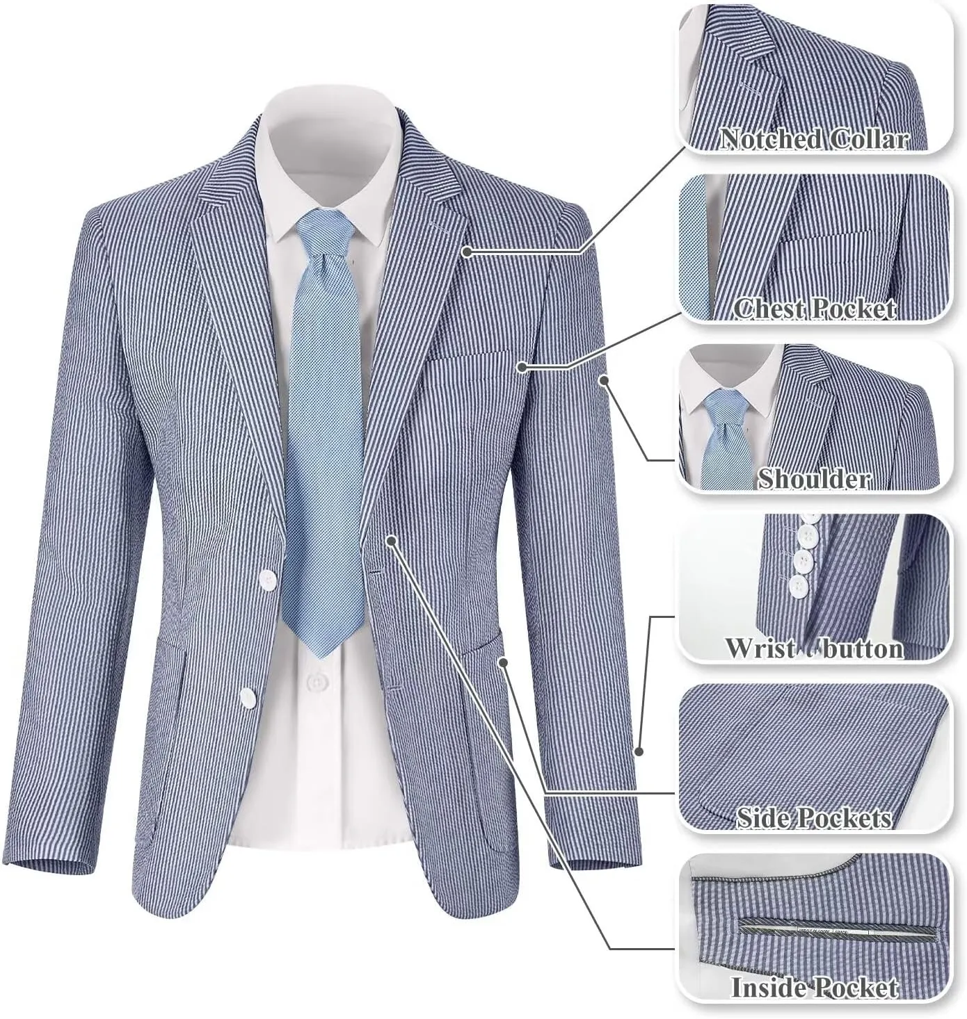 Wehilion Mens Seersucker Suit Jacket Casual Summer Blazer Slim Fit Sport Coats Suits Jackets Wedding Prom Tuxedo Blazers