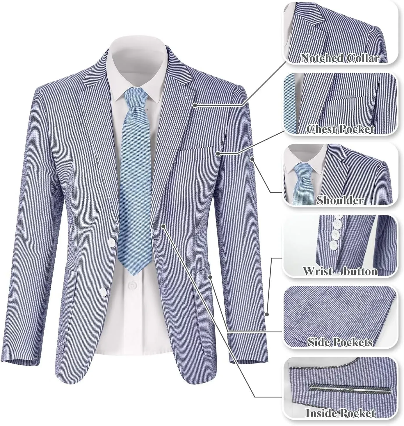 Wehilion Mens Seersucker Suit Jacket Casual Summer Blazer Slim Fit Sport Coats Suits Jackets Wedding Prom Tuxedo Blazers