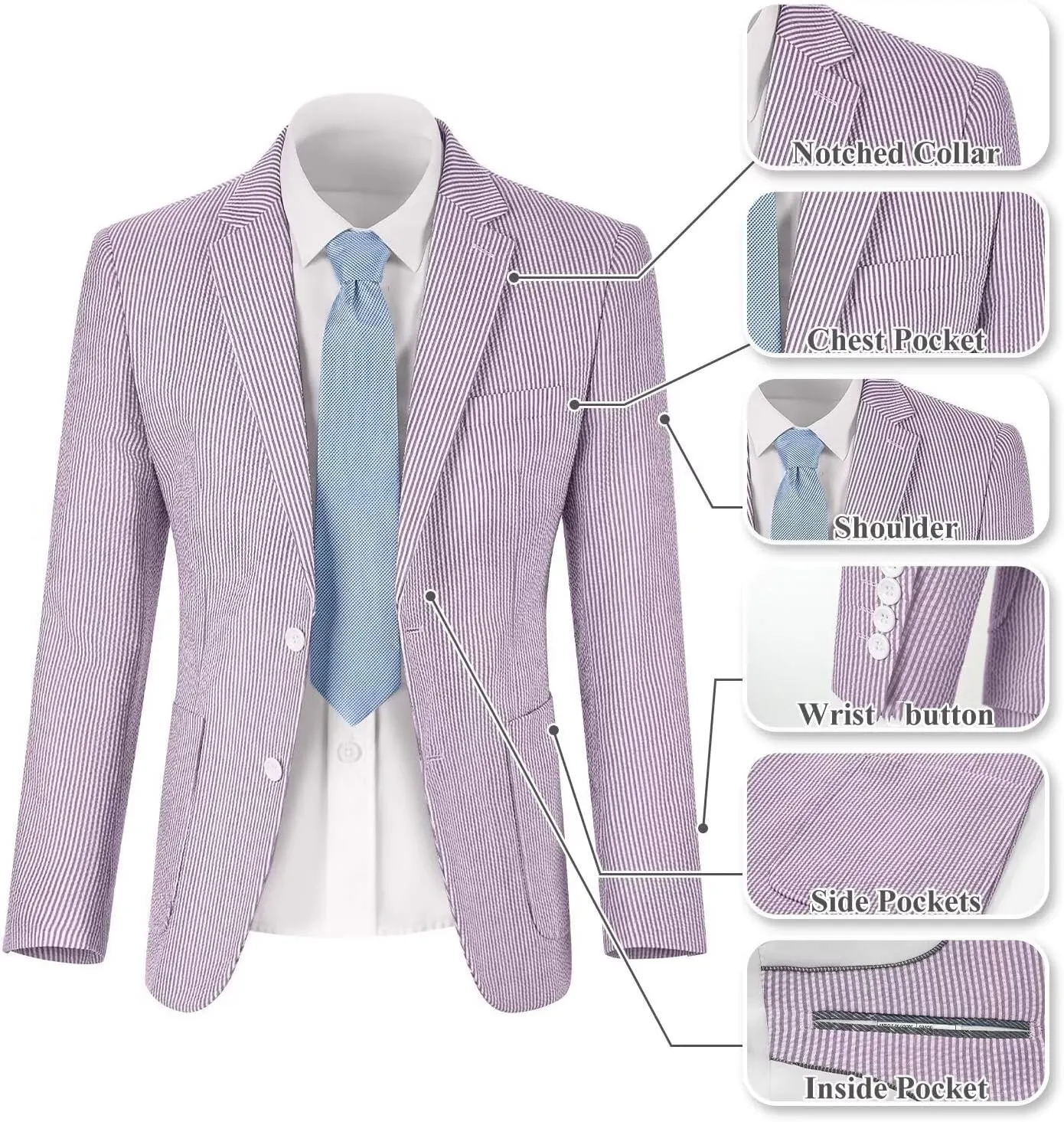 Wehilion Mens Seersucker Suit Jacket Casual Summer Blazer Slim Fit Sport Coats Suits Jackets Wedding Prom Tuxedo Blazers