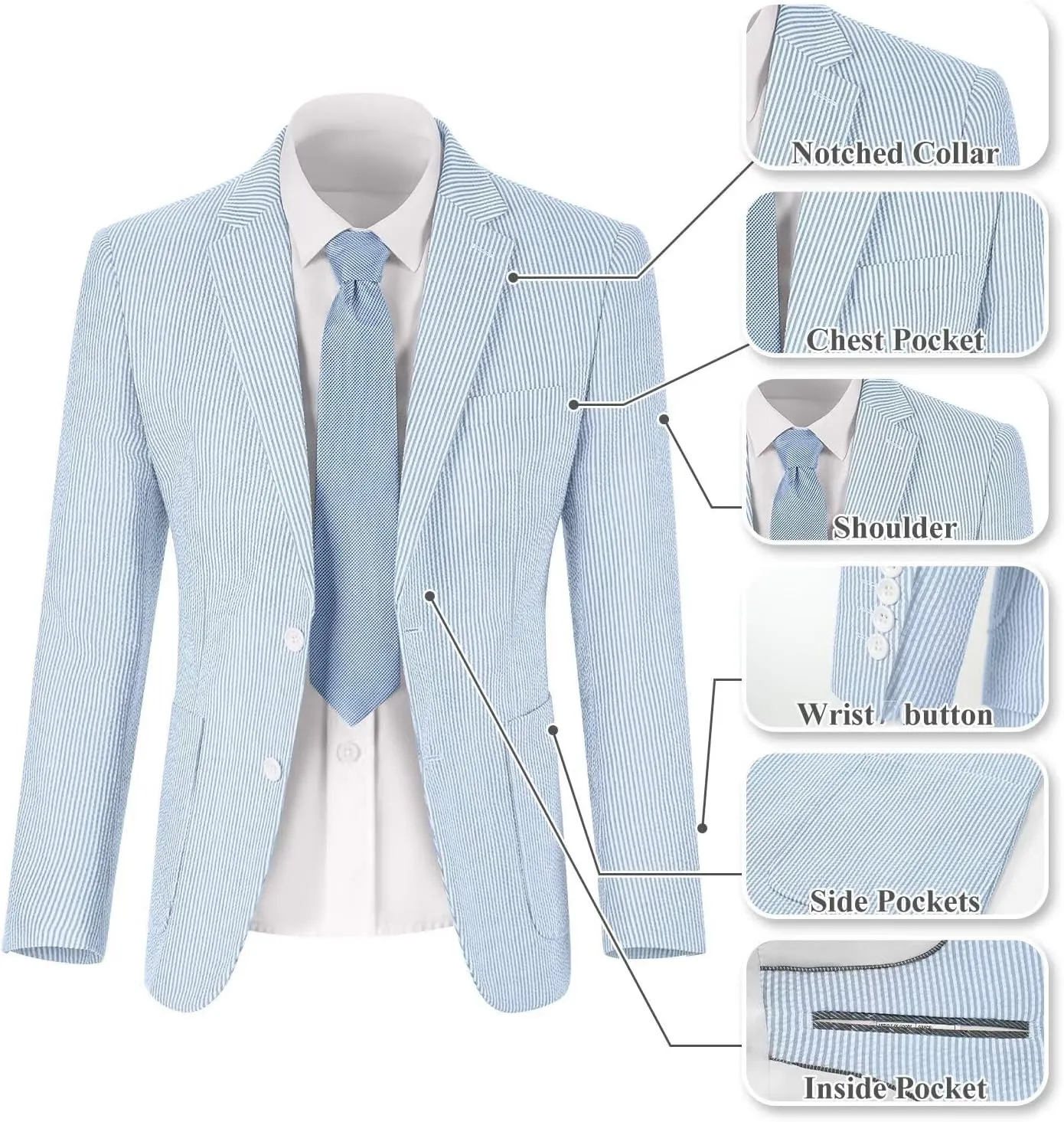 Wehilion Mens Seersucker Suit Jacket Casual Summer Blazer Slim Fit Sport Coats Suits Jackets Wedding Prom Tuxedo Blazers