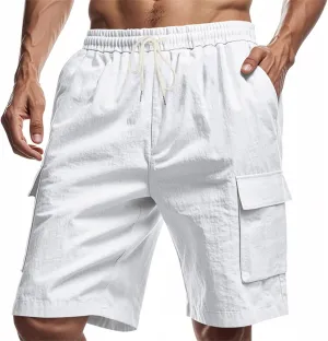 WENKOMG1 Linen Shorts for Men, Solid Color Lightweight Shorts Elastic Waist Drawstring Cargo Shorts with Multi Pockets