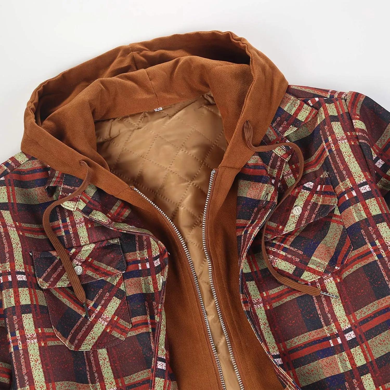WENKOMG1 Mens Quilted Lined Jacket,Casual Warm Plaid Flannel Shirt Hooded Velvet Button Down Shirt Winter Fall Outerwear