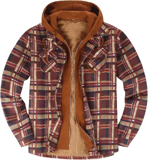 WENKOMG1 Mens Quilted Lined Jacket,Casual Warm Plaid Flannel Shirt Hooded Velvet Button Down Shirt Winter Fall Outerwear