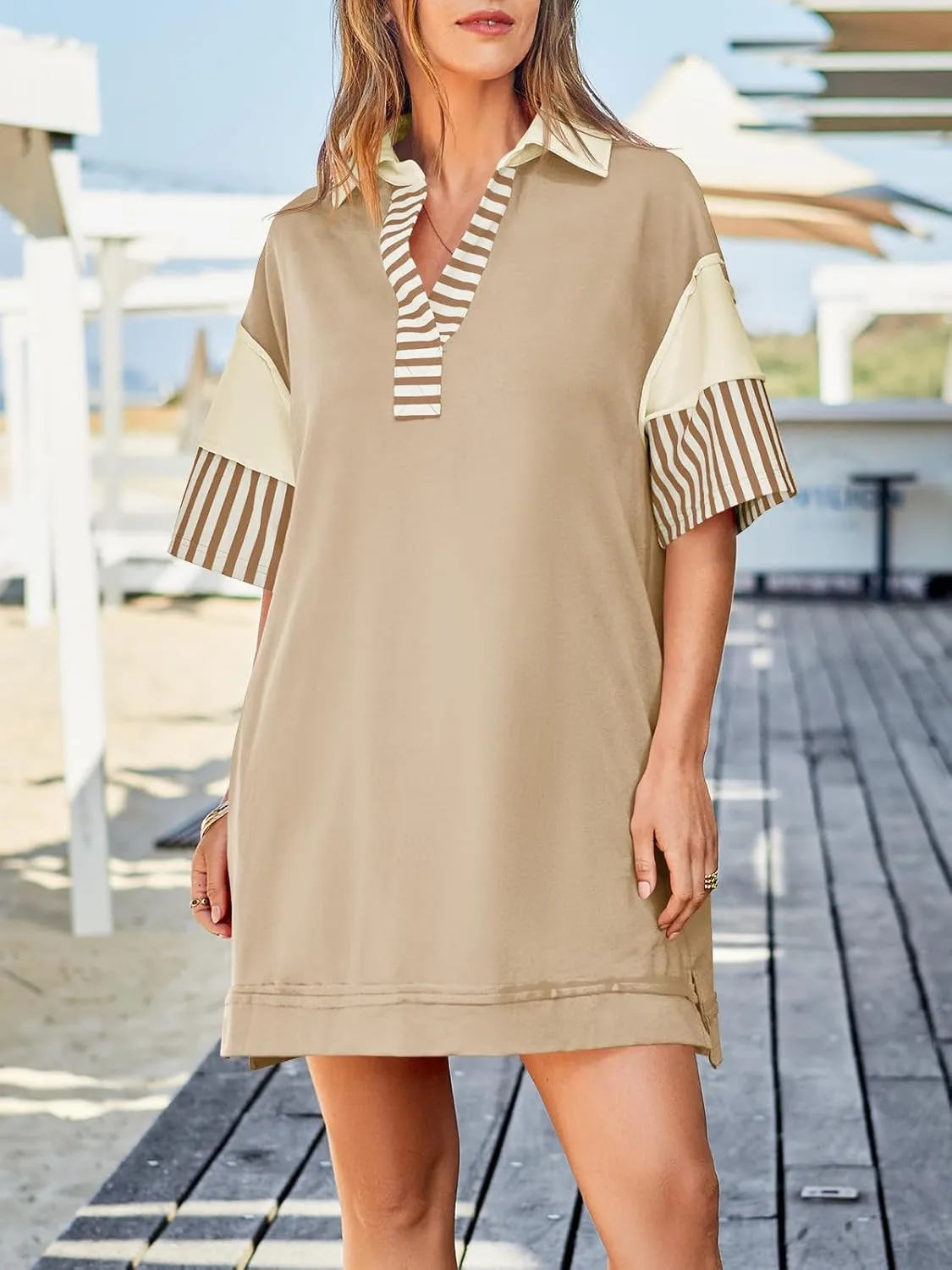 Wenrine Women's Polo V Neck T Shirt Dress Casual Summer Oversized Color Block Short Sleeve Sweatshirt Mini Dresses