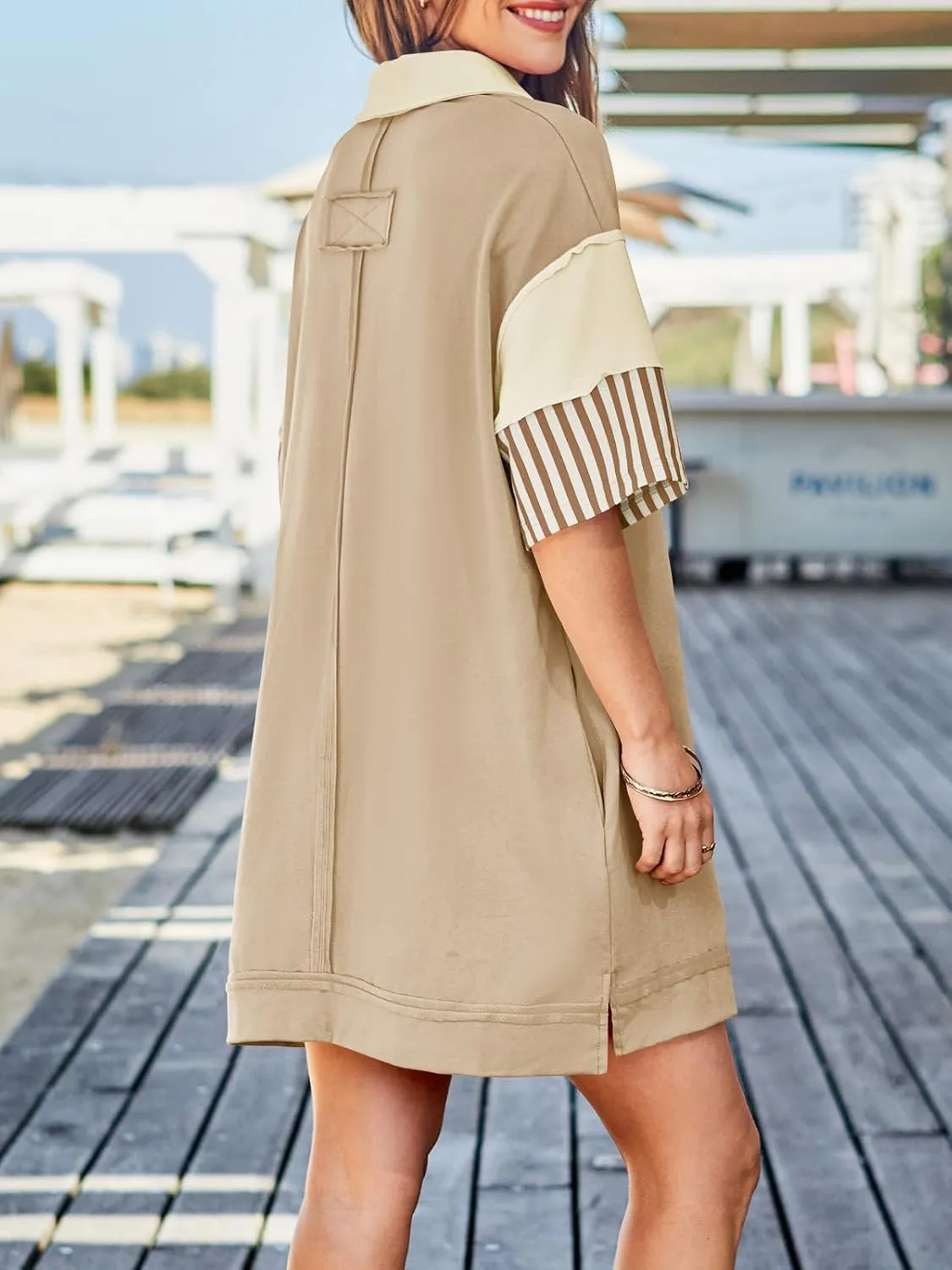 Wenrine Women's Polo V Neck T Shirt Dress Casual Summer Oversized Color Block Short Sleeve Sweatshirt Mini Dresses