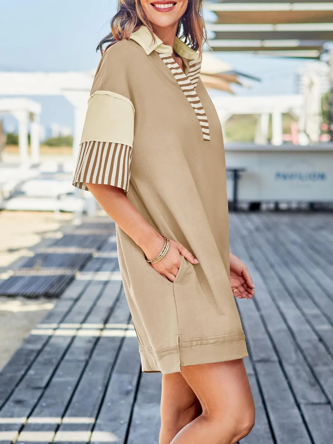 Wenrine Women's Polo V Neck T Shirt Dress Casual Summer Oversized Color Block Short Sleeve Sweatshirt Mini Dresses