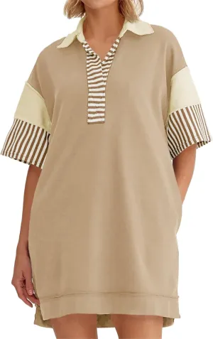 Wenrine Women's Polo V Neck T Shirt Dress Casual Summer Oversized Color Block Short Sleeve Sweatshirt Mini Dresses