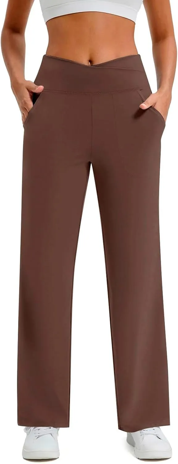 Wide Leg Yoga Pants for Women Cross High Waisted Wide Leg Pants Stretch Casual Lounge Sweatpants with Pockets