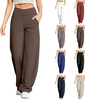 Wide Leg Yoga Pants for Women Cross High Waisted Wide Leg Pants Stretch Casual Lounge Sweatpants with Pockets