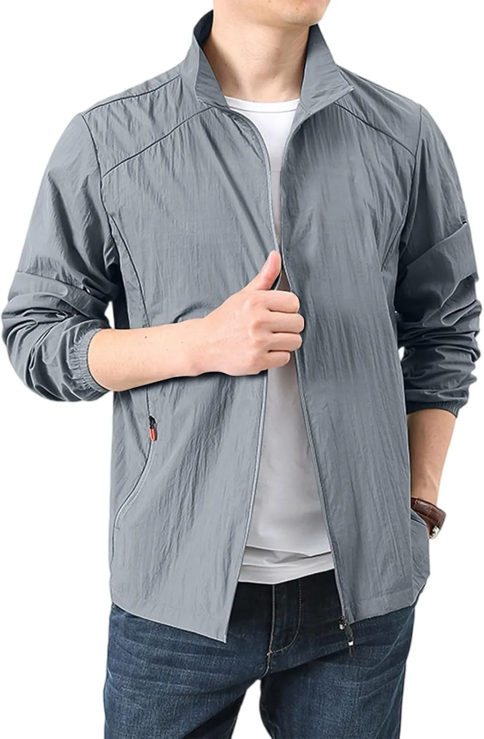 Windbreaker Jackets for Men UPF 50  Light Jacket Full Zip Sun Protection Long Sleeve Sun Shirts UV Fishing Athletic Running