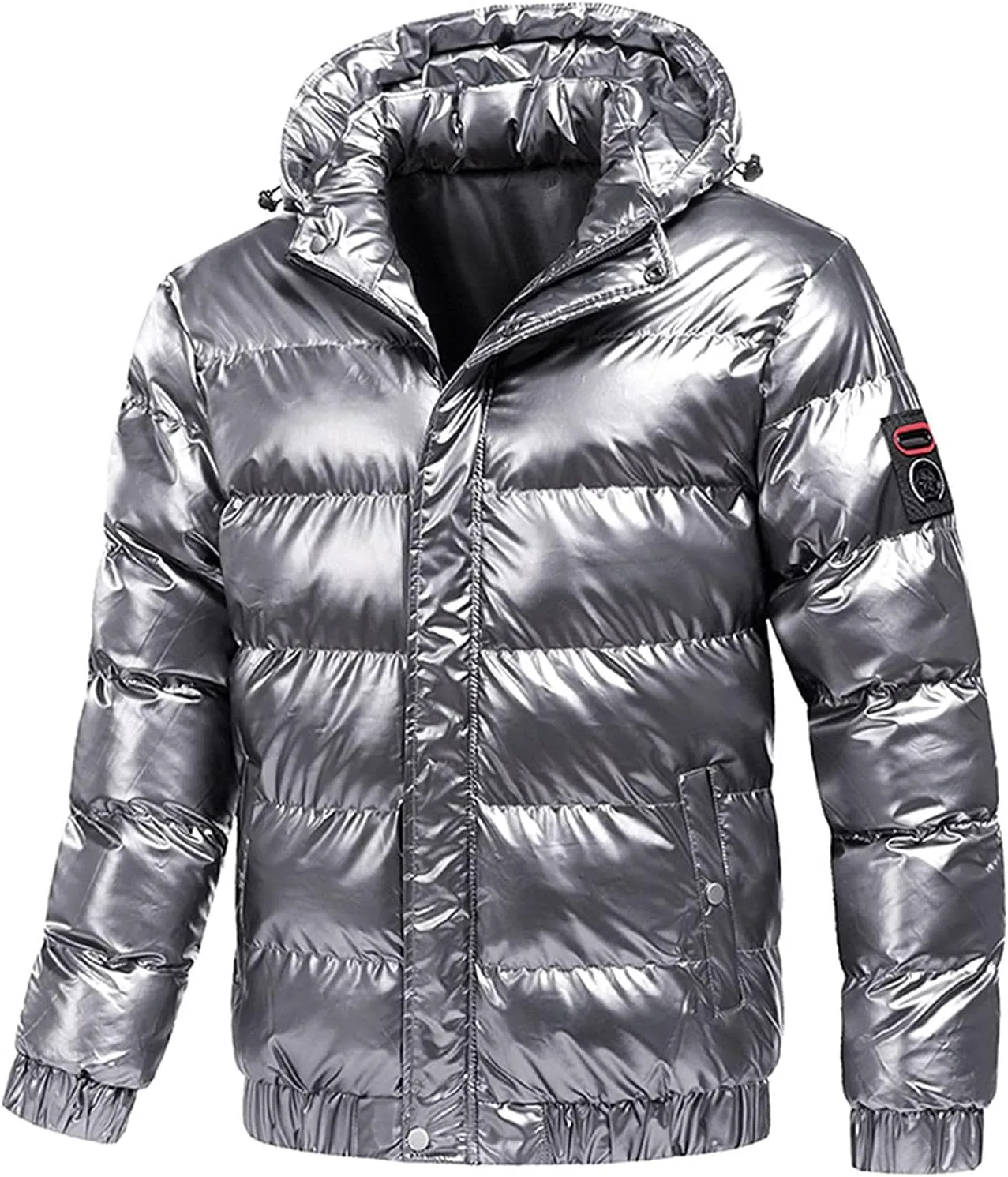 Winter Warm Men Puffer Coat with Hood,Shiny Hooded Reflective Padded Coat Quilted Windproof Alternative Down Jacket