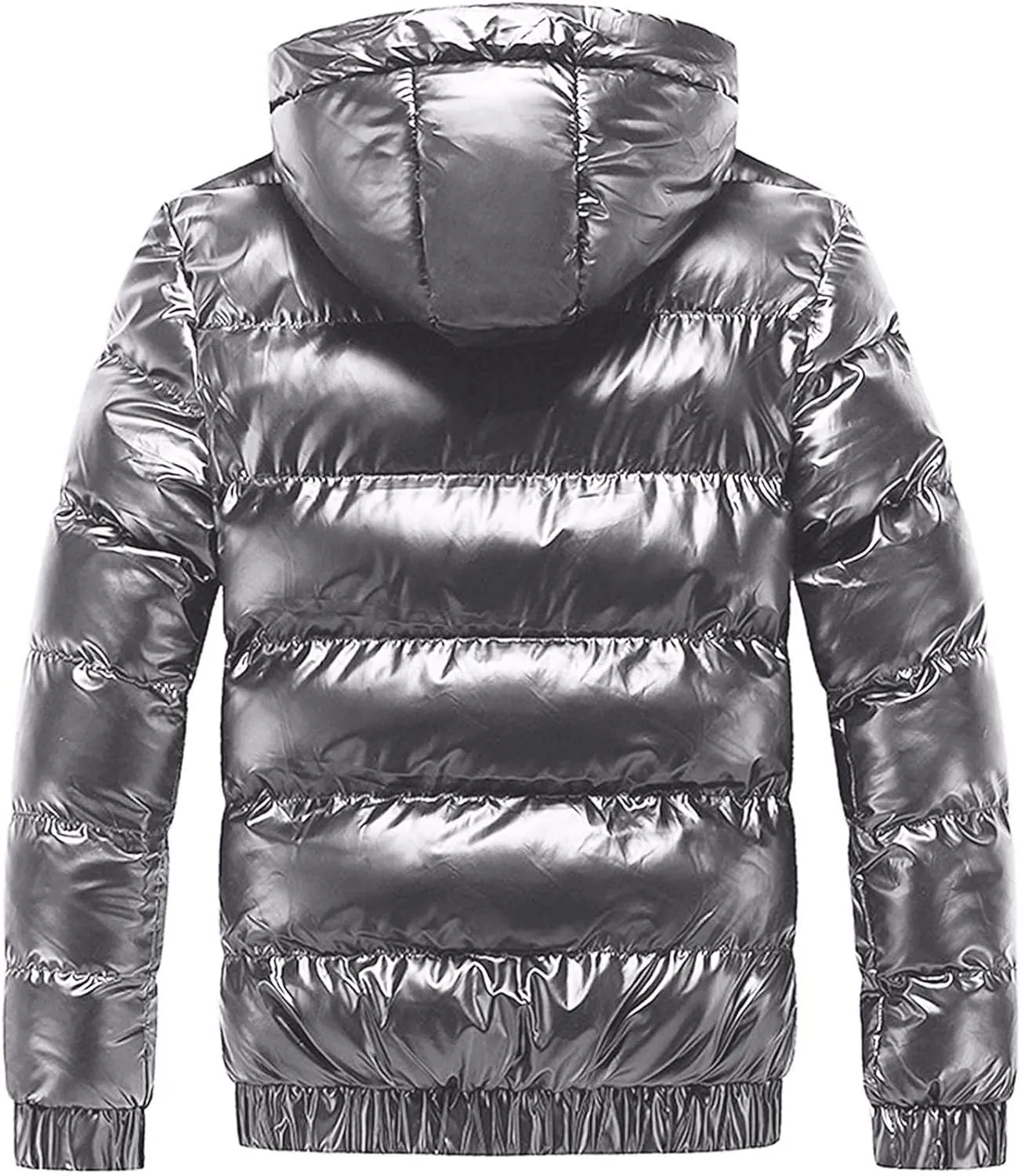 Winter Warm Men Puffer Coat with Hood,Shiny Hooded Reflective Padded Coat Quilted Windproof Alternative Down Jacket