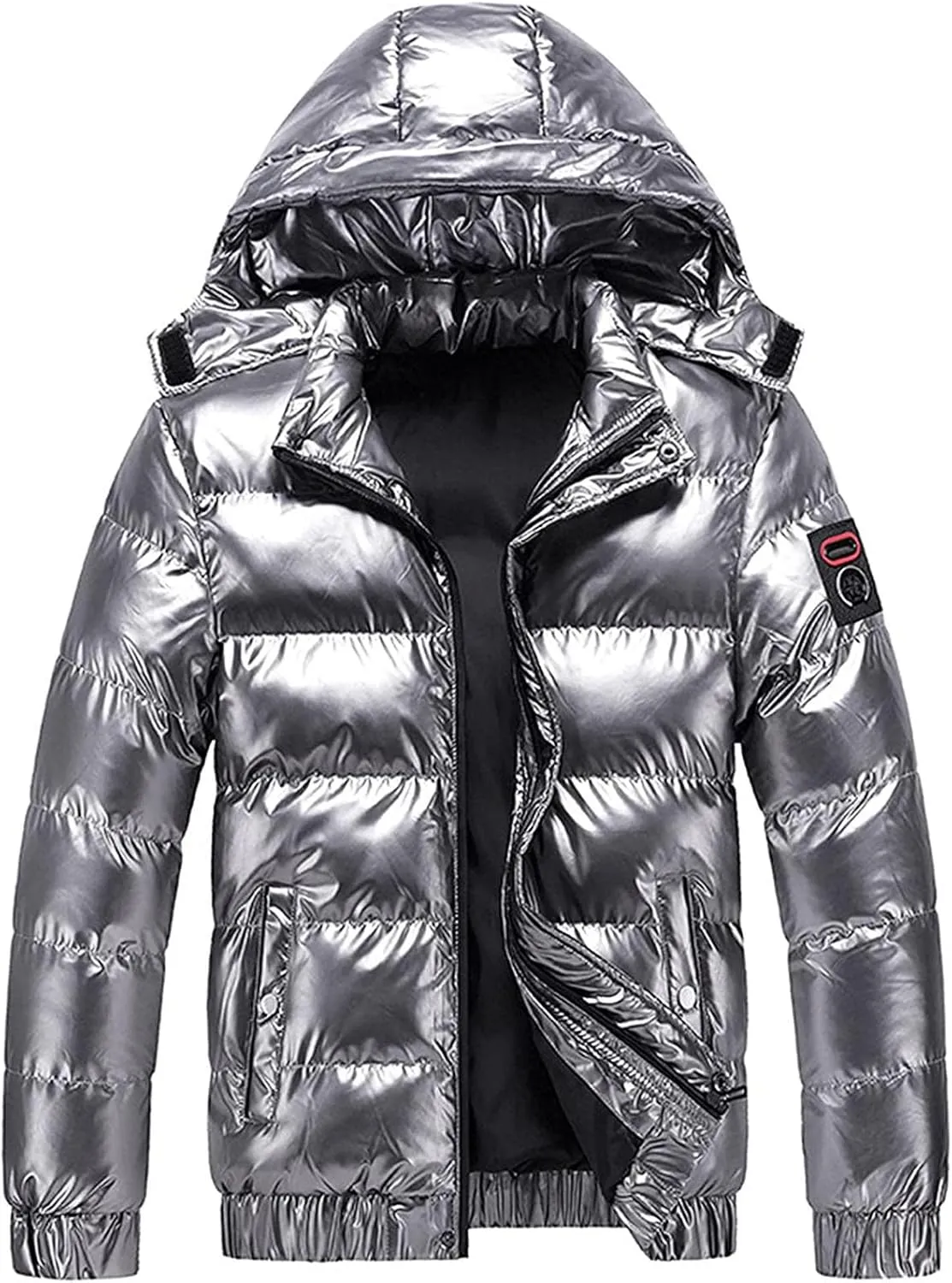 Winter Warm Men Puffer Coat with Hood,Shiny Hooded Reflective Padded Coat Quilted Windproof Alternative Down Jacket