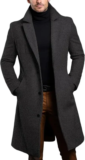 Winter Warm Trench Coat for Men Fit Notched Collar Long Jacket Overcoat Single Breasted Pea Coat Elegant Windbreaker