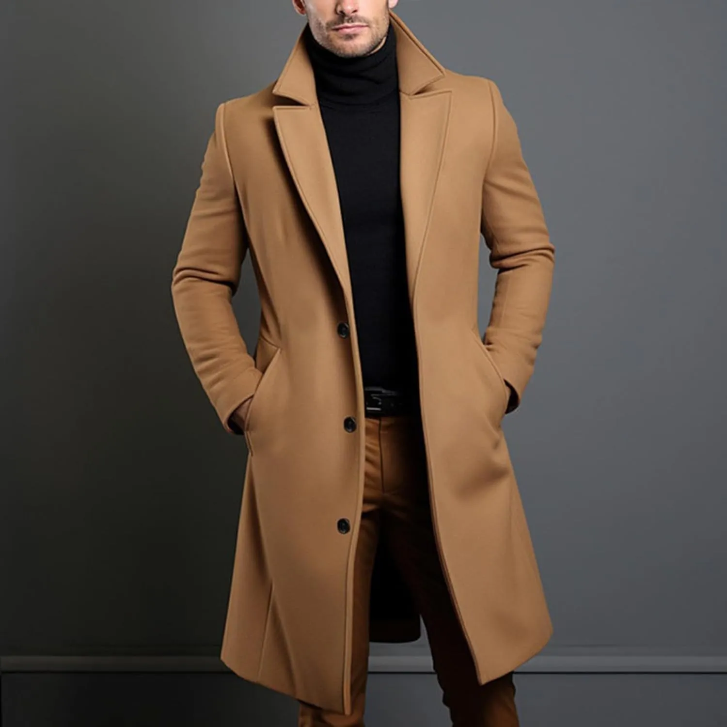 Winter Warm Trench Coat for Men Fit Notched Collar Long Jacket Overcoat Single Breasted Pea Coat Elegant Windbreaker
