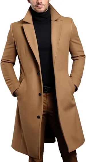 Winter Warm Trench Coat for Men Fit Notched Collar Long Jacket Overcoat Single Breasted Pea Coat Elegant Windbreaker