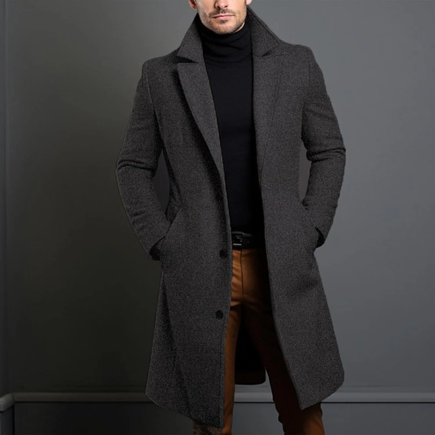 Winter Warm Trench Coat for Men Fit Notched Collar Long Jacket Overcoat Single Breasted Pea Coat Elegant Windbreaker
