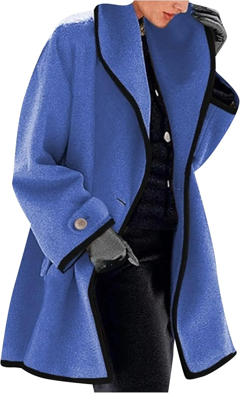 WIWIQS Womens Warm Open Front Trench Coats Lapel Single Breasted Long Coat Casual Loose Lightweight Pea Coat