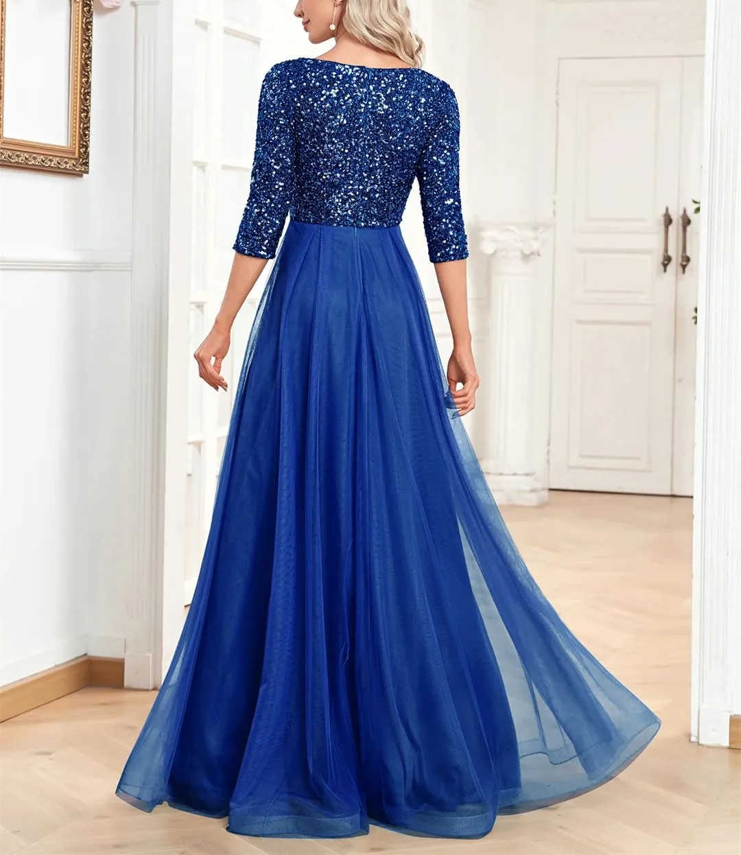 Wjnvfioo Elegant Chiffon Blue Formal Evening Dress Long Luxury Women Wedding Party Prom Sequin Short Sleeve Cocktail Gown