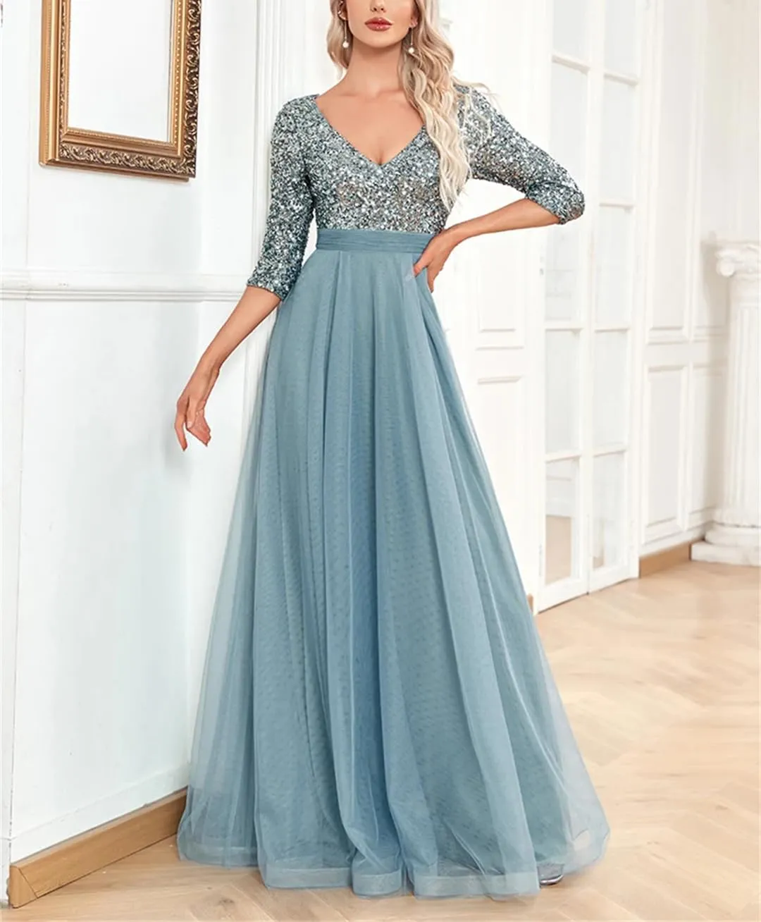 Wjnvfioo Elegant Chiffon Blue Formal Evening Dress Long Luxury Women Wedding Party Prom Sequin Short Sleeve Cocktail Gown