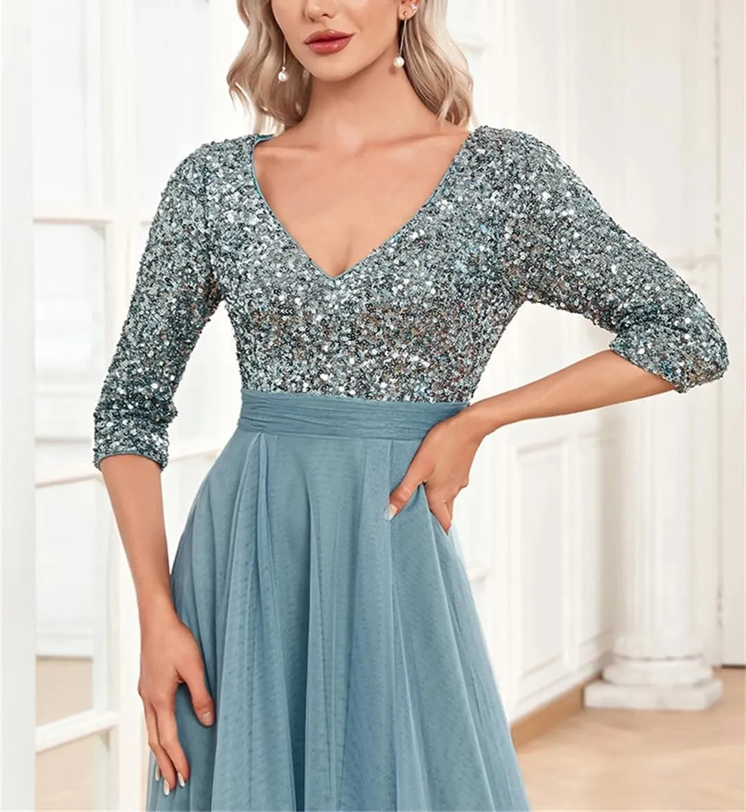 Wjnvfioo Elegant Chiffon Blue Formal Evening Dress Long Luxury Women Wedding Party Prom Sequin Short Sleeve Cocktail Gown
