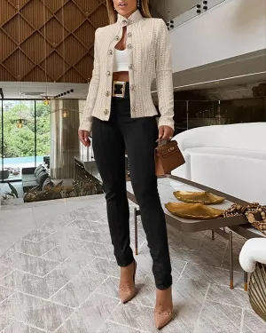 Women Argyle Cable Cardigan Casual Lightweight Cropped Coat Stand Collar Long Sleeve Metal Button Front Spring Jackets