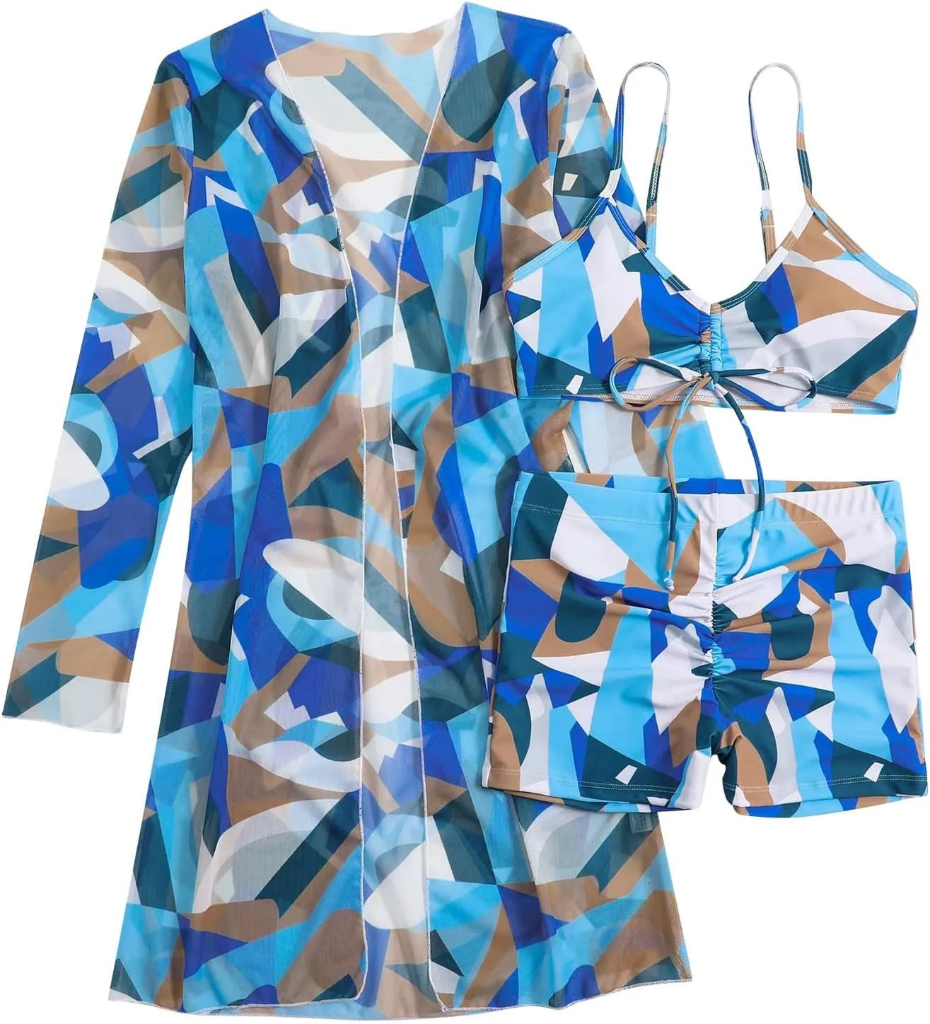 Women Bathing Suit 3 Piece Swimsuit Drawstring Bikini Set Long Sleeve Beach Cover Up Boho Swimwear Set with Boy Shorts