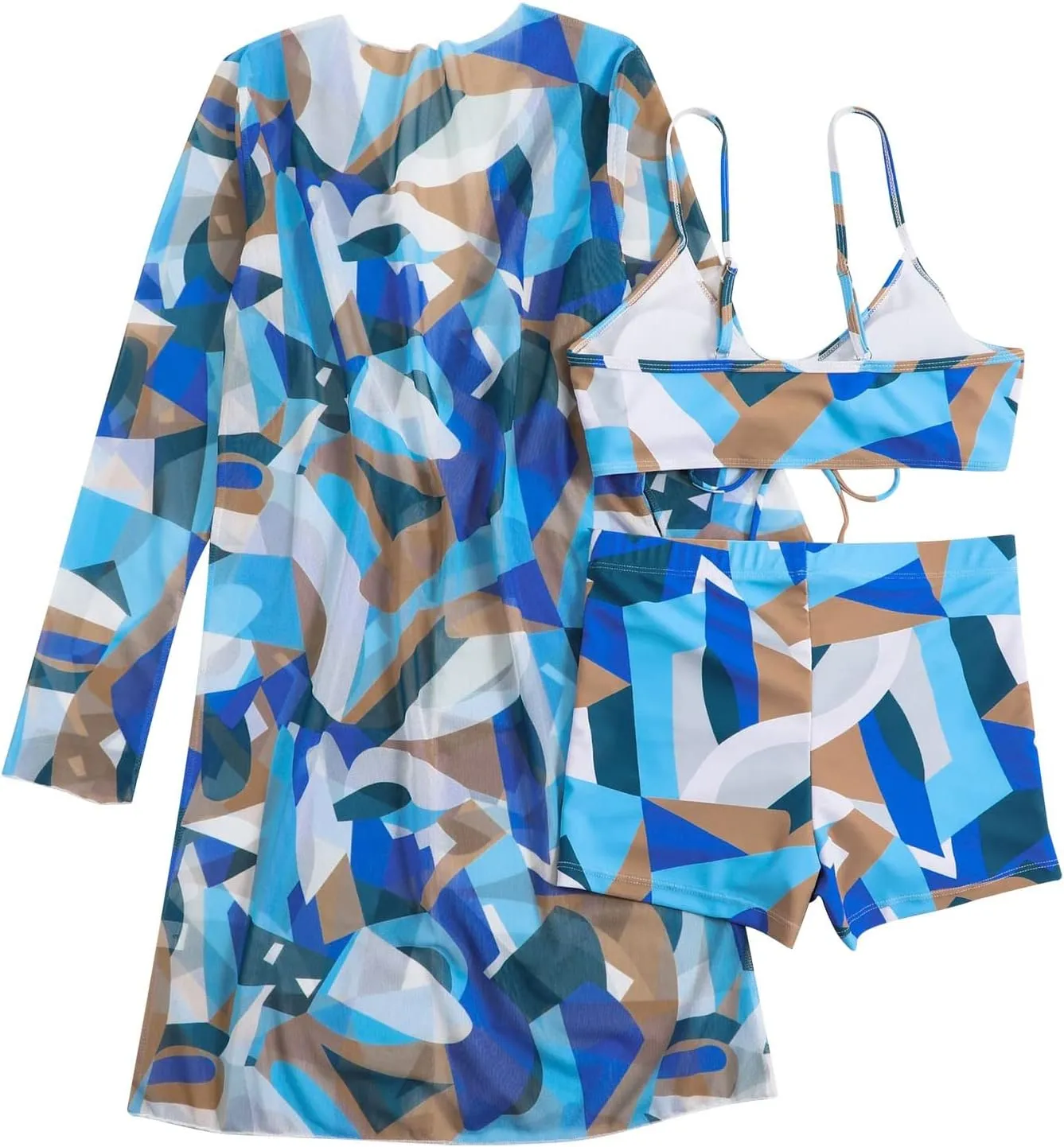 Women Bathing Suit 3 Piece Swimsuit Drawstring Bikini Set Long Sleeve Beach Cover Up Boho Swimwear Set with Boy Shorts