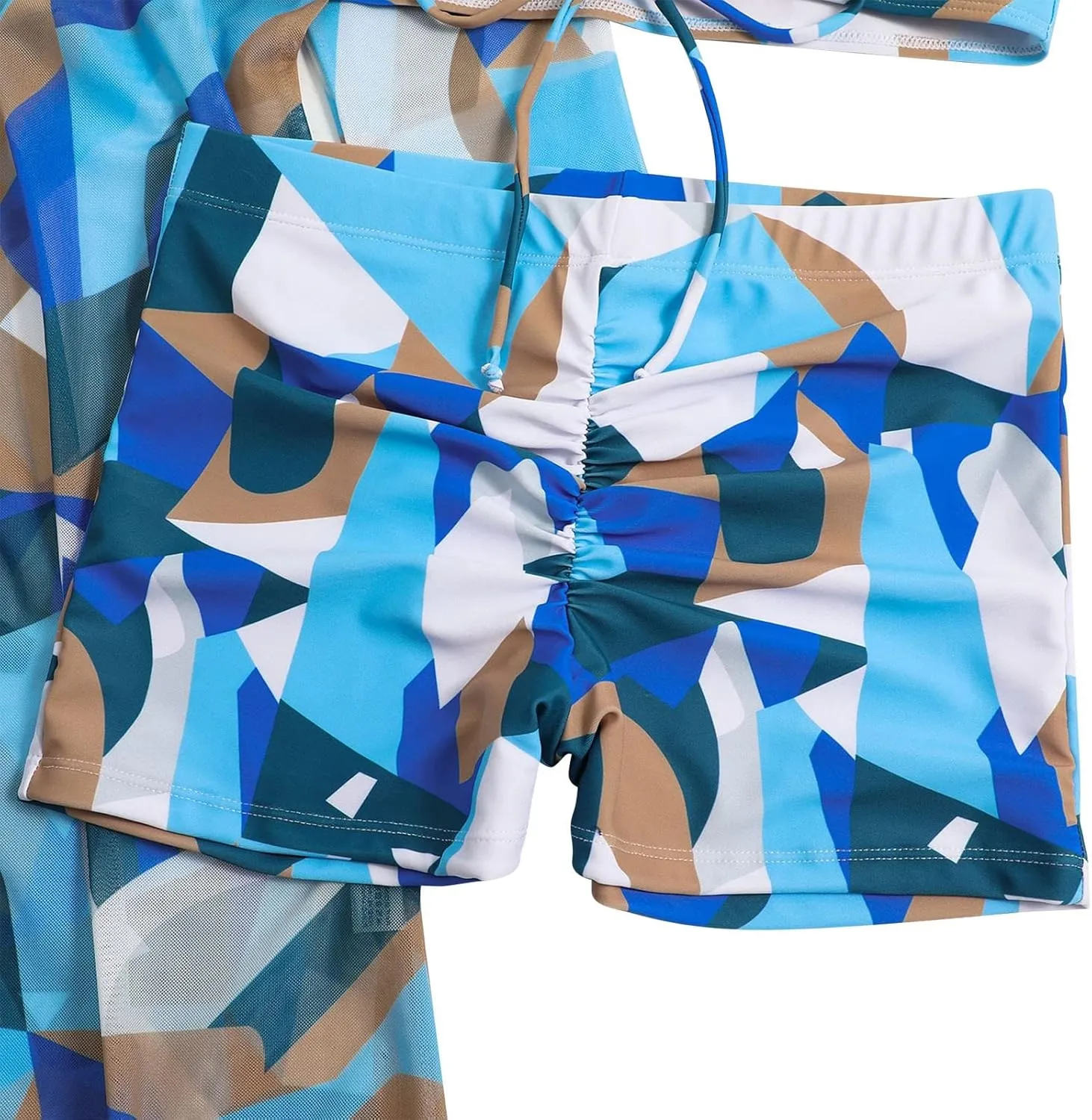 Women Bathing Suit 3 Piece Swimsuit Drawstring Bikini Set Long Sleeve Beach Cover Up Boho Swimwear Set with Boy Shorts